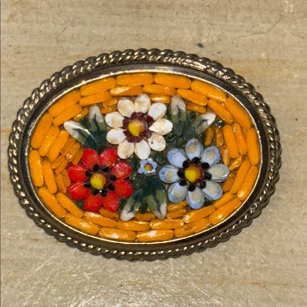 Vintage Italian Micro Mosaic Floral Brooch - Yellow Millefiori Glass